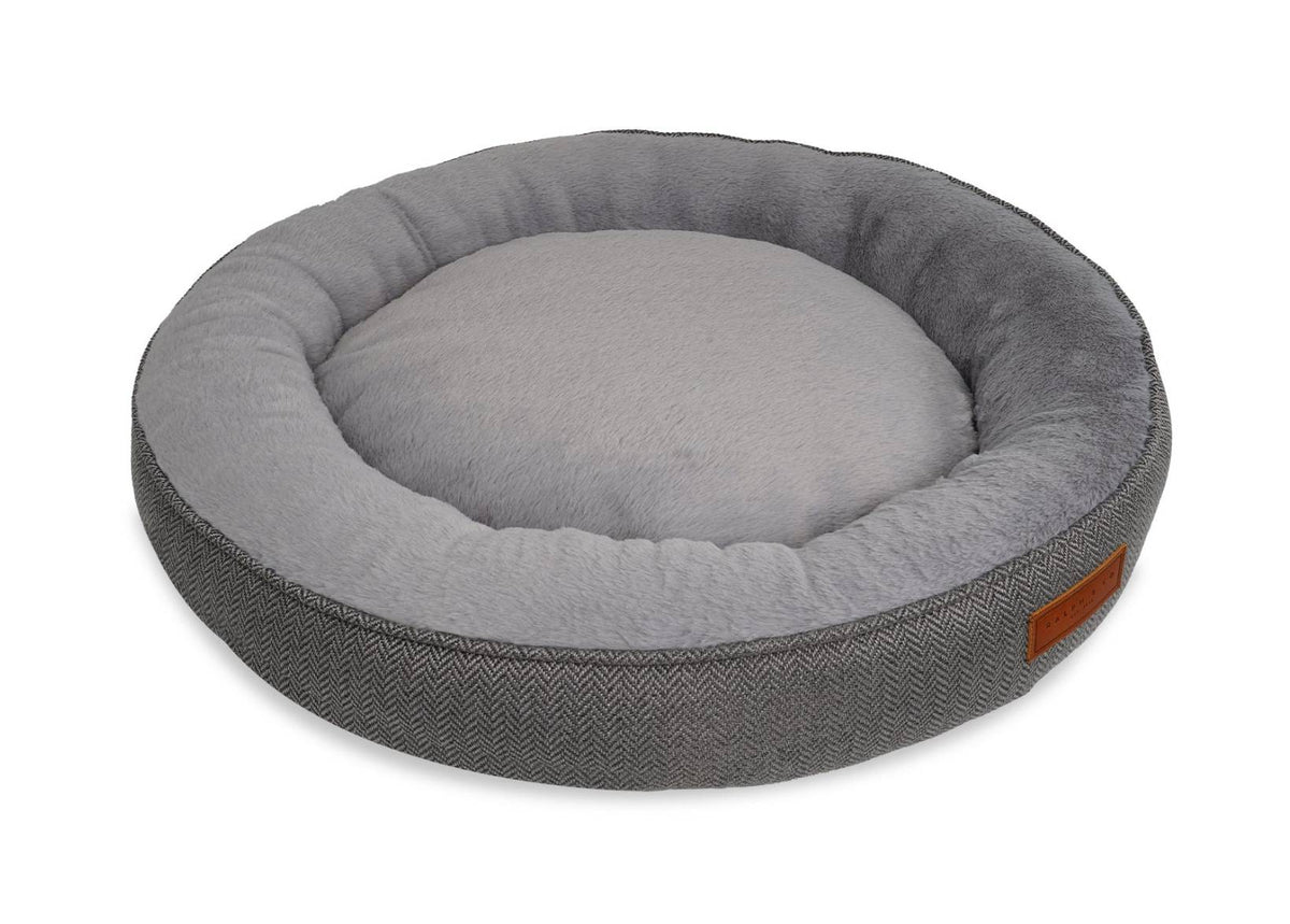 Balmoral Calming Donut Dog Bed – Herringbone & Faux Fur