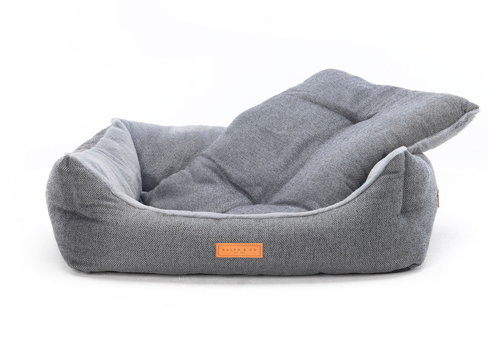 Balmoral grey bed with its cushion lifted out