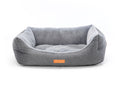 Balmoral grey herringbone bolster dog bed with leather badge