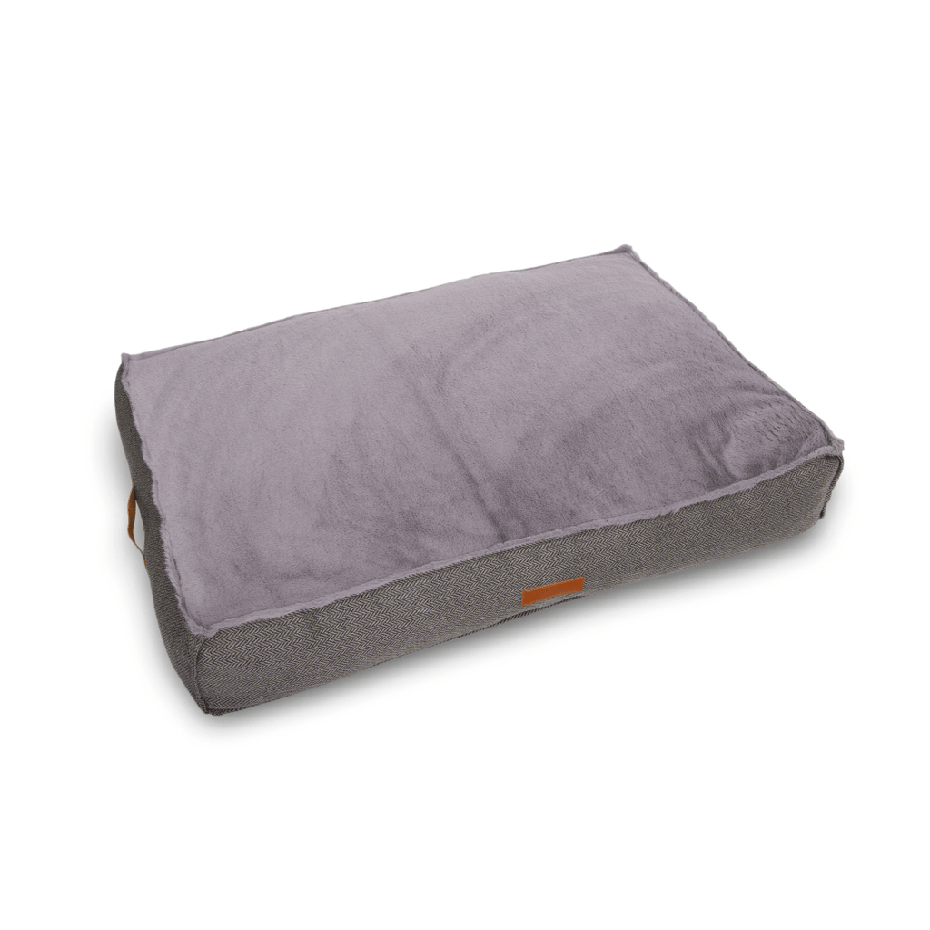 Balmoral pillow dog bed angled to show the grey faux fur top and herringbone sides