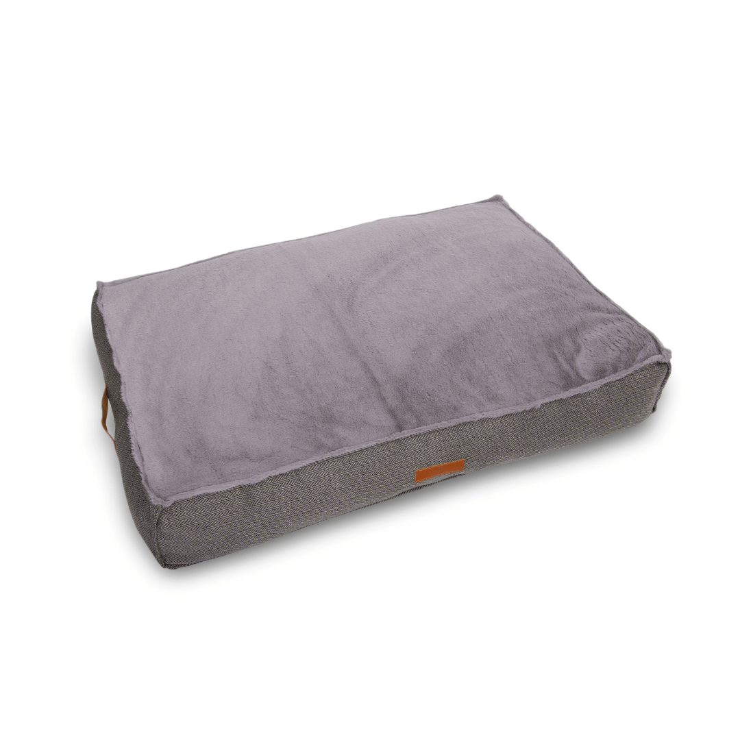 Balmoral pillow dog bed angled to show the grey faux fur top and herringbone sides