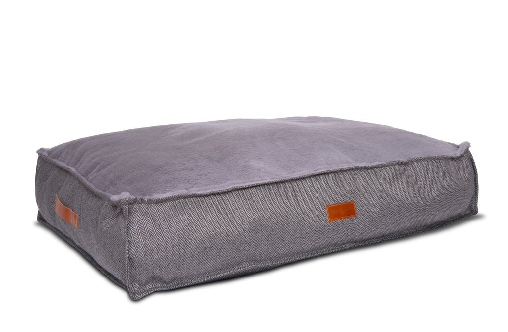 Balmoral grey herringbone pillow dog bed shown at an angle