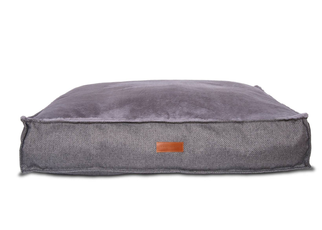 Balmoral grey herringbone flat pillow dog bed with faux fur top and leather badge
