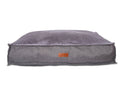 Balmoral grey herringbone flat pillow dog bed with faux fur top and leather badge