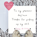Dog mum birthday card with pink lettering, dog paws resting on the edge, on a woven mat