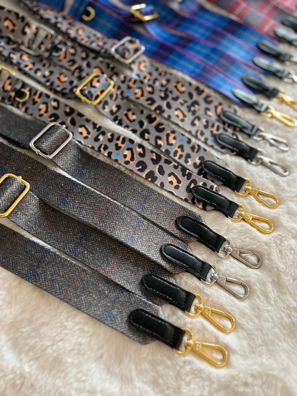 Range of Hounds of Eden patterned bag straps in leopard and tartan prints