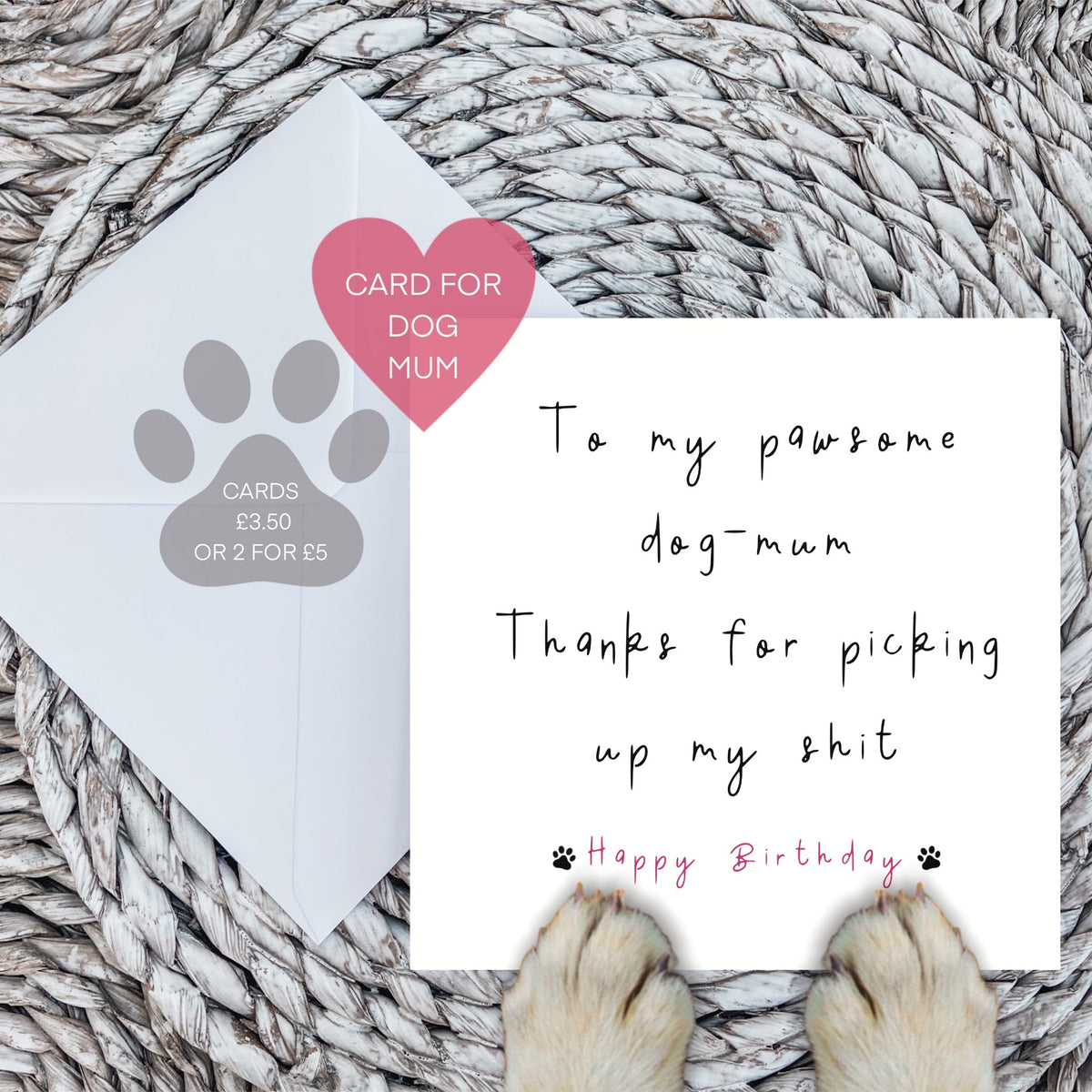 Pawsome dog mum birthday card with envelope and dog paws on a woven mat