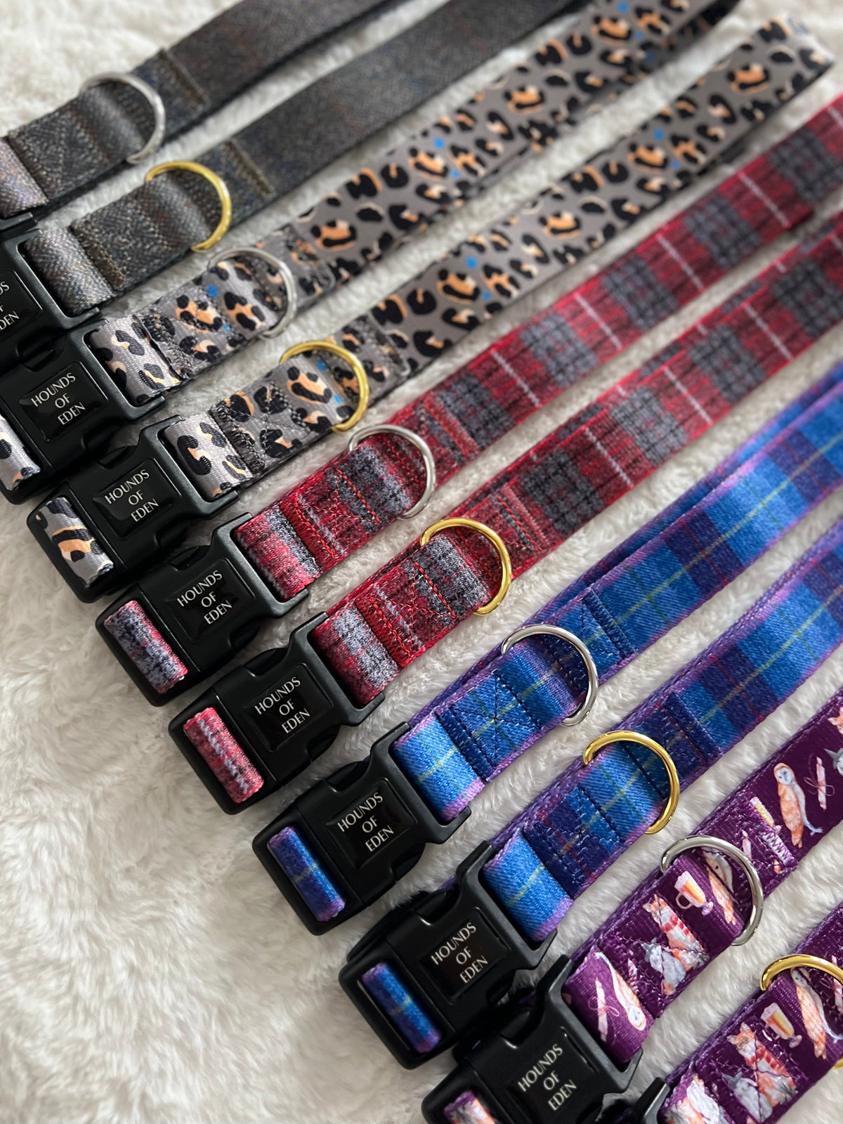 Hounds of Eden tartan, leopard and grey collars laid out on a rug
