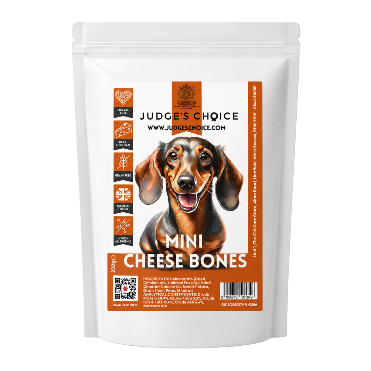 Judge's Choice Mini Cheese Bones 250g pouch with orange label and dachshund illustration
