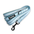 Pastel Blue Stripe Dog Lead coiled, showing white stripes, padded handle and black clip