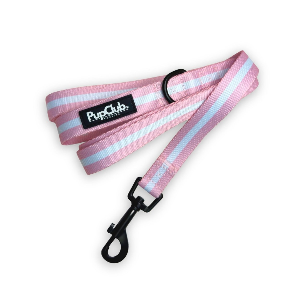 Pastel Pink Stripe Dog Lead coiled, showing white stripes, padded handle and black clip