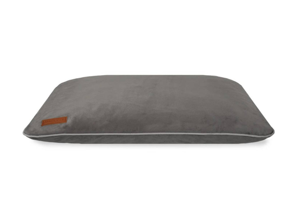 Ralph & Co memory foam dog crate mattress in grey with light piping and leather badge