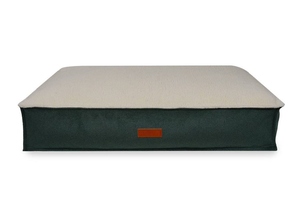 Richmond green flat pillow dog bed with cream sherpa top and leather badge