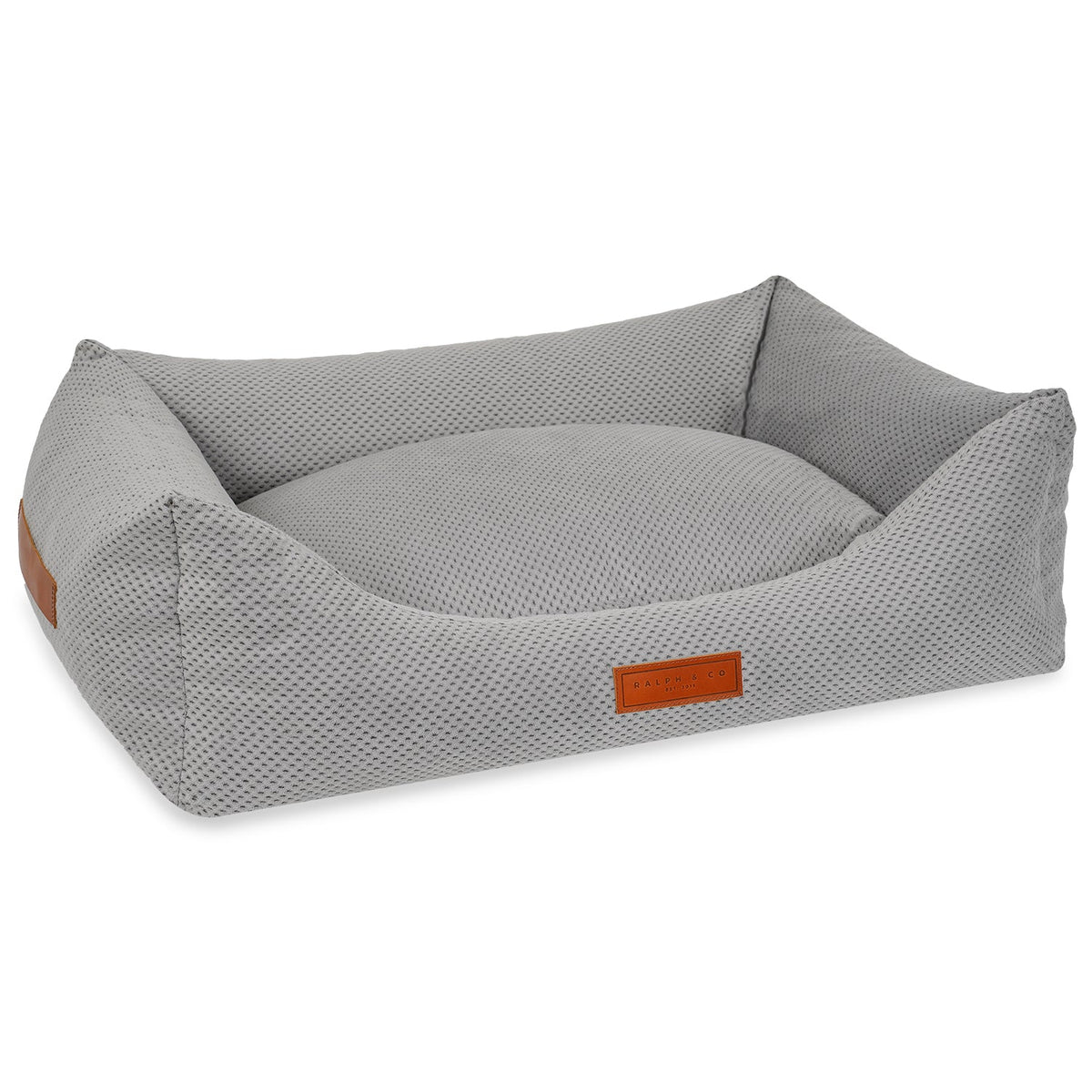 Highclere grey bolster dog bed shown at an angle