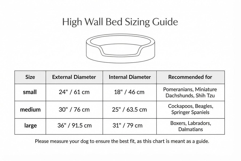 Cotswold high wall bed sizing guide with external and internal diameters