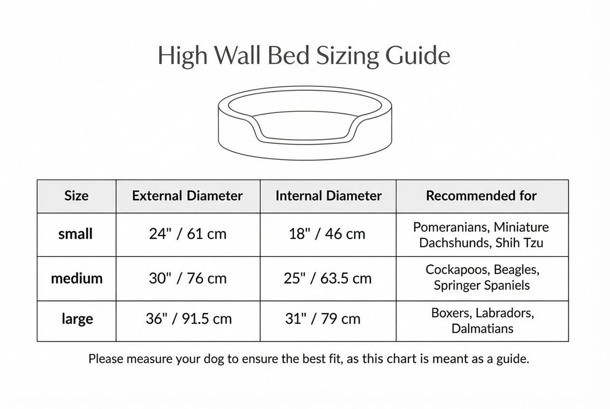 Cotswold high wall bed sizing guide with external and internal diameters