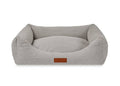 Highclere grey knitted memory foam bolster dog bed with leather badge