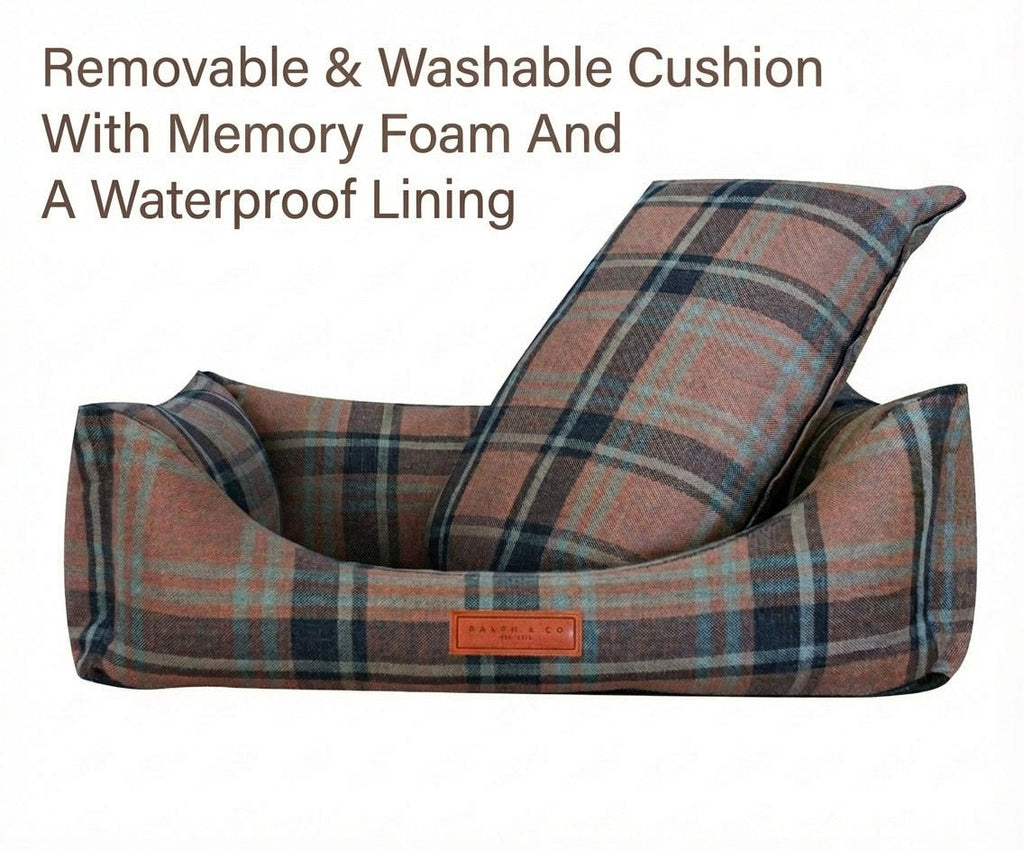 Marlow tartan bed with the removable memory foam cushion lifted out