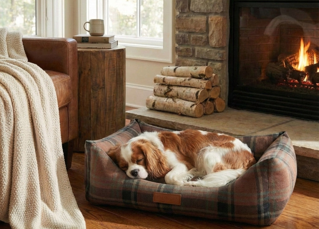 Cavalier King Charles Spaniel asleep in the Marlow tartan bed by a log fire