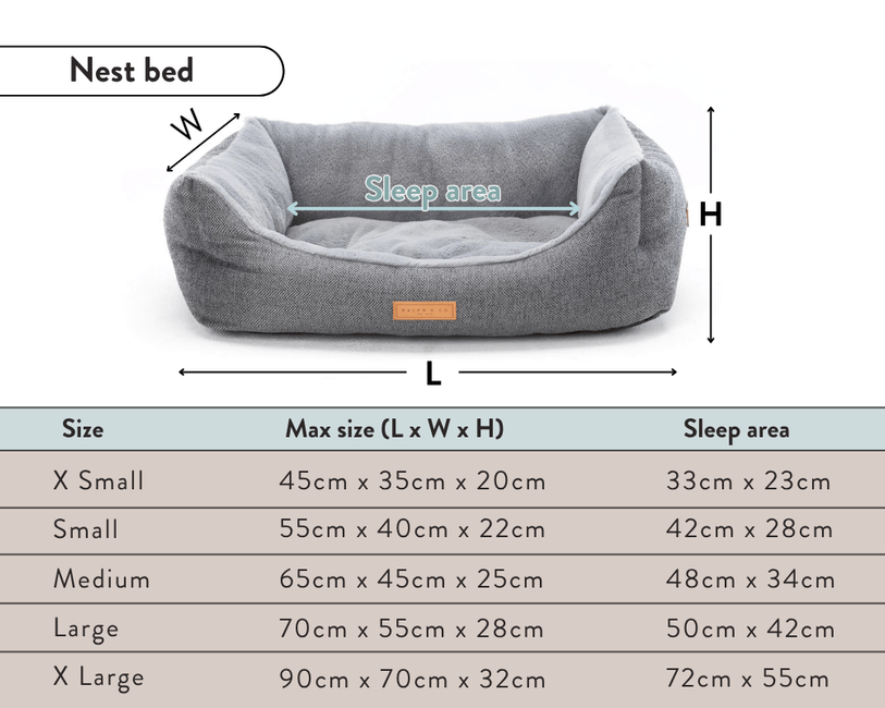 Dimension diagram and size table for the Ralph & Co nest bed range