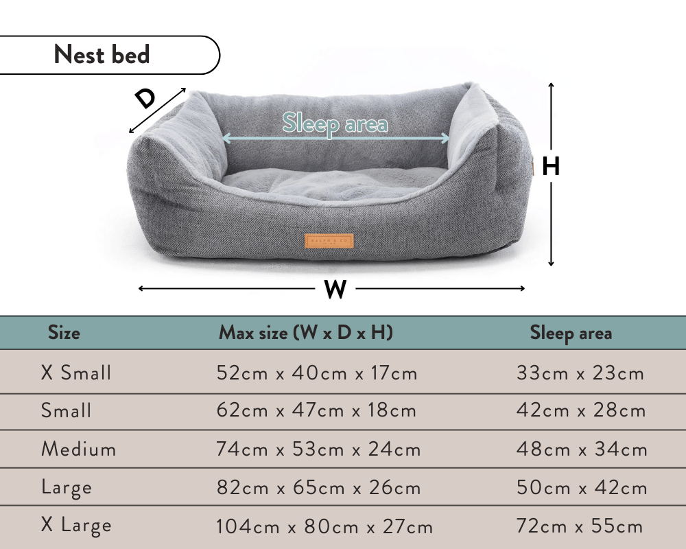 Dimension diagram and size table for the Ralph & Co nest bed range