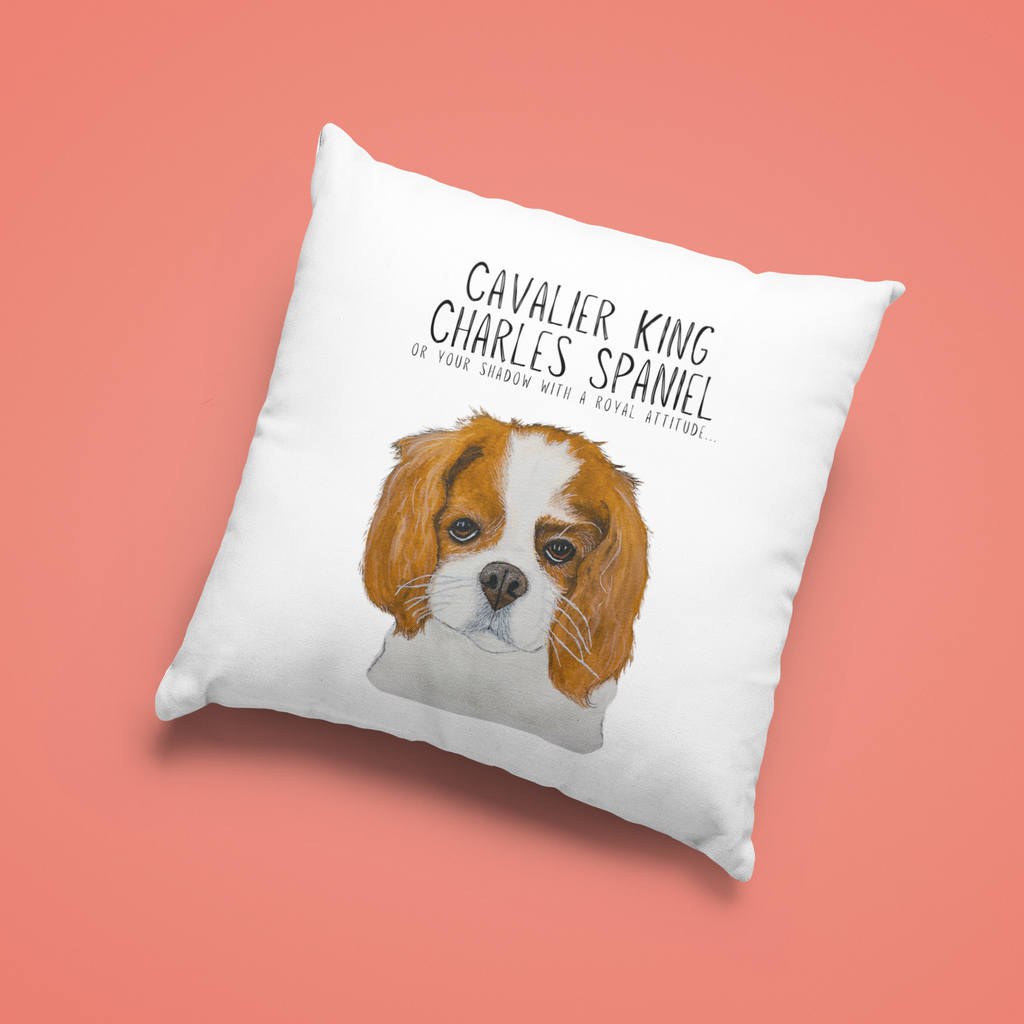 Square Cavalier King Charles Spaniel cushion with breed lettering on a coral pink background