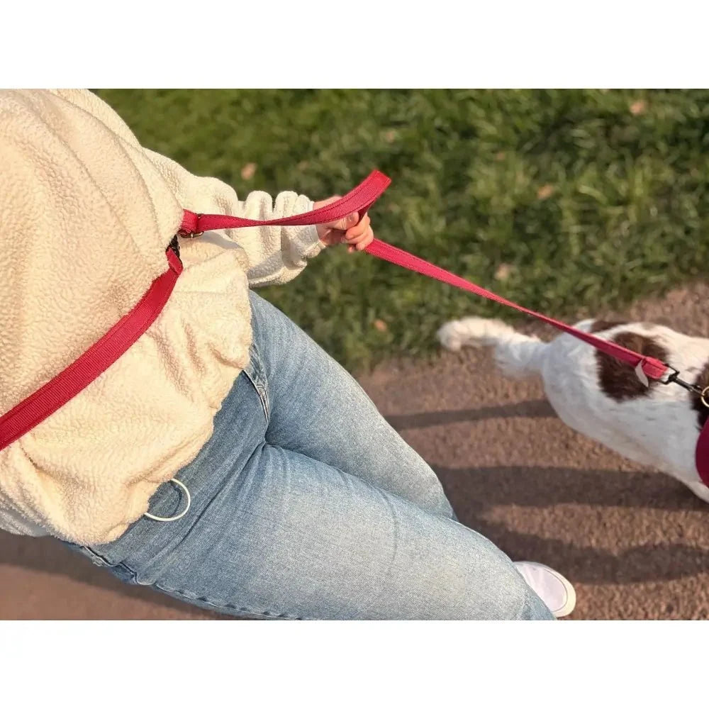 Owner walking a dog hands-free with a red Multi-Way Waterproof Dog Lead worn at the waist