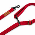 Red Multi-Way Hands-Free Waterproof Dog Lead showing swivel clasps and brass adjuster
