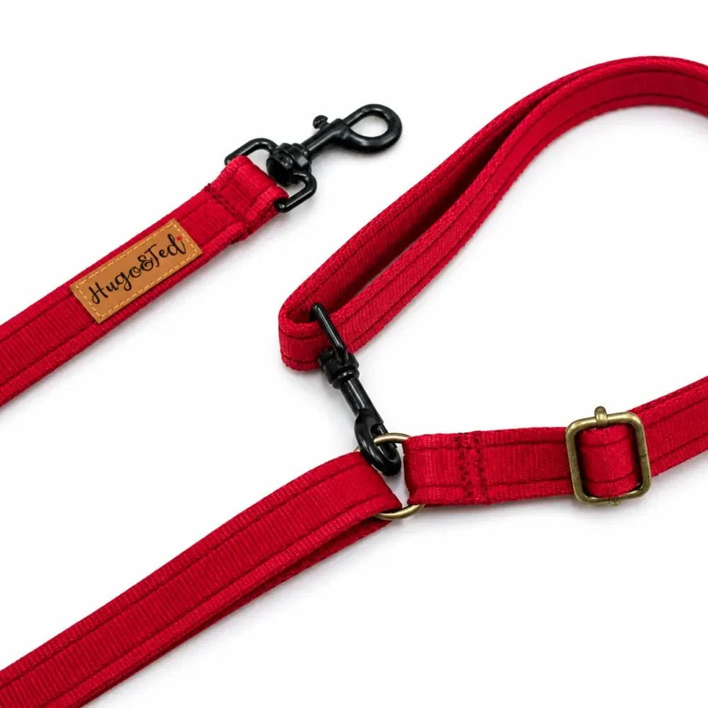 Red Multi-Way Hands-Free Waterproof Dog Lead showing swivel clasps and brass adjuster