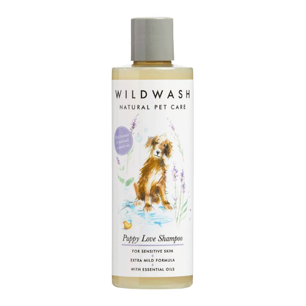 WildWash Puppy Love Shampoo 250ml bottle with illustrated puppy and lavender sprigs