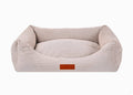 Chatsworth beige knitted memory foam bolster dog bed with leather badge