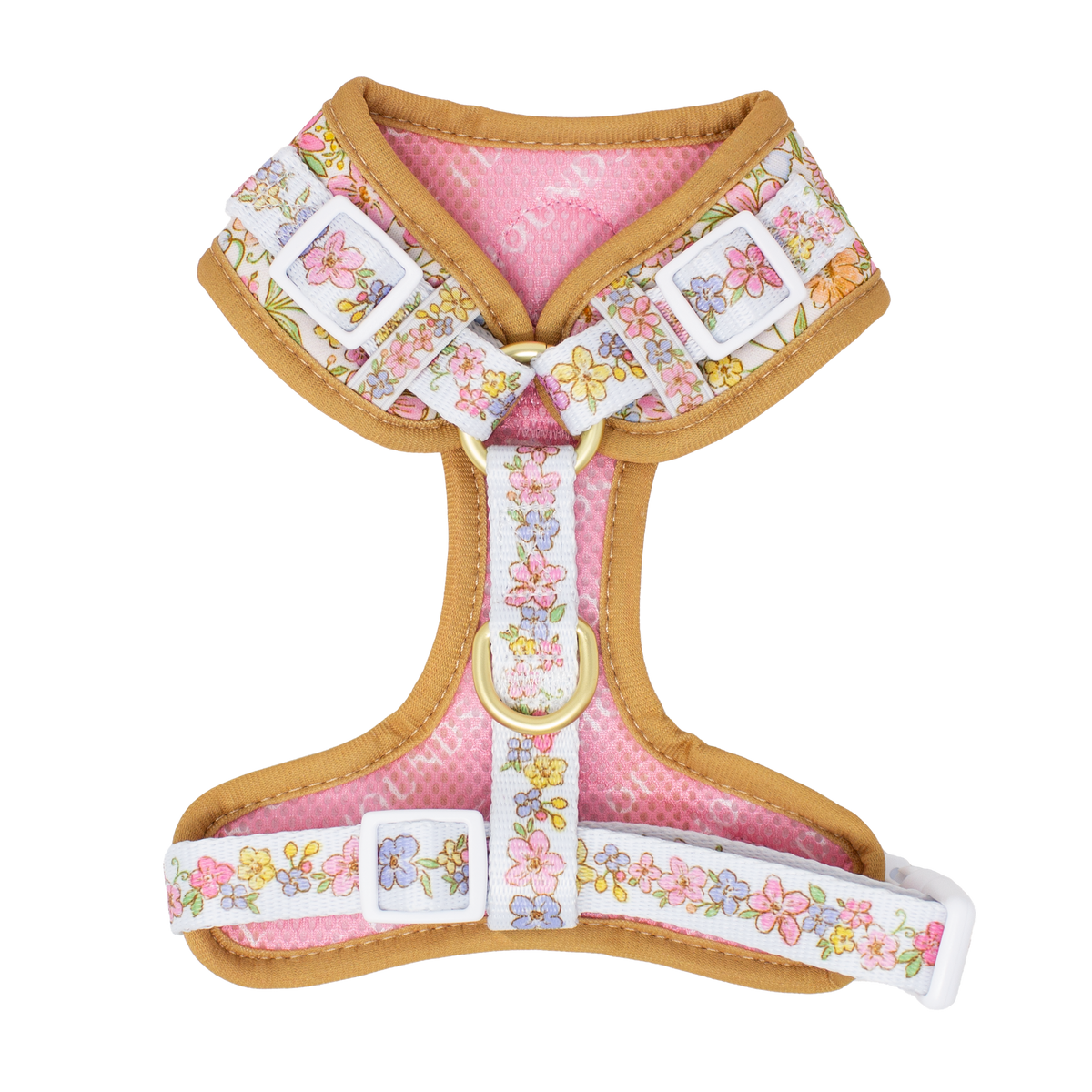 Inside view of the floral dog harness showing pink mesh lining and adjustable straps