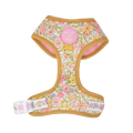 Pastel Petals floral dog harness in pink and yellow with tan trim, front view