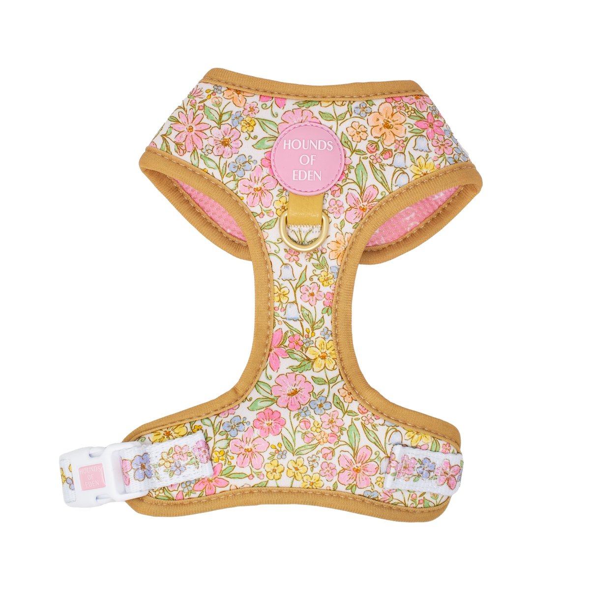 Pastel Petals floral dog harness in pink and yellow with tan trim, front view