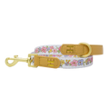 Pastel Petals floral dog lead with padded tan faux leather handle and gold trigger clip
