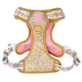 Pastel Petals Supaw Strong floral dog harness with tan trim and pink padding, front