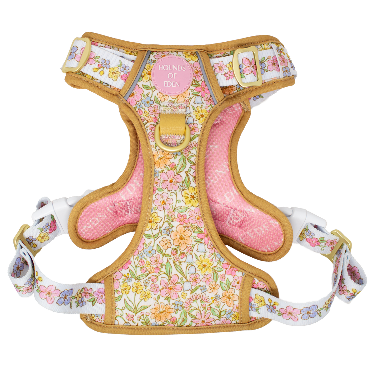 Pastel Petals Supaw Strong floral dog harness with tan trim and pink padding, front
