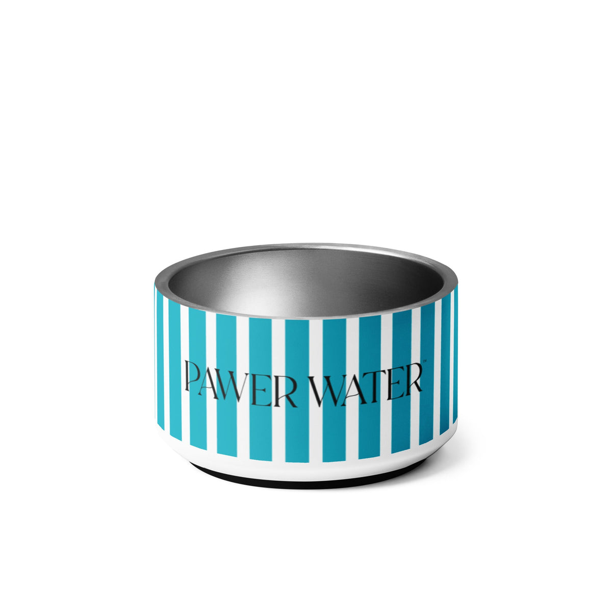 18oz blue and white striped steel dog bowl, front view with logo