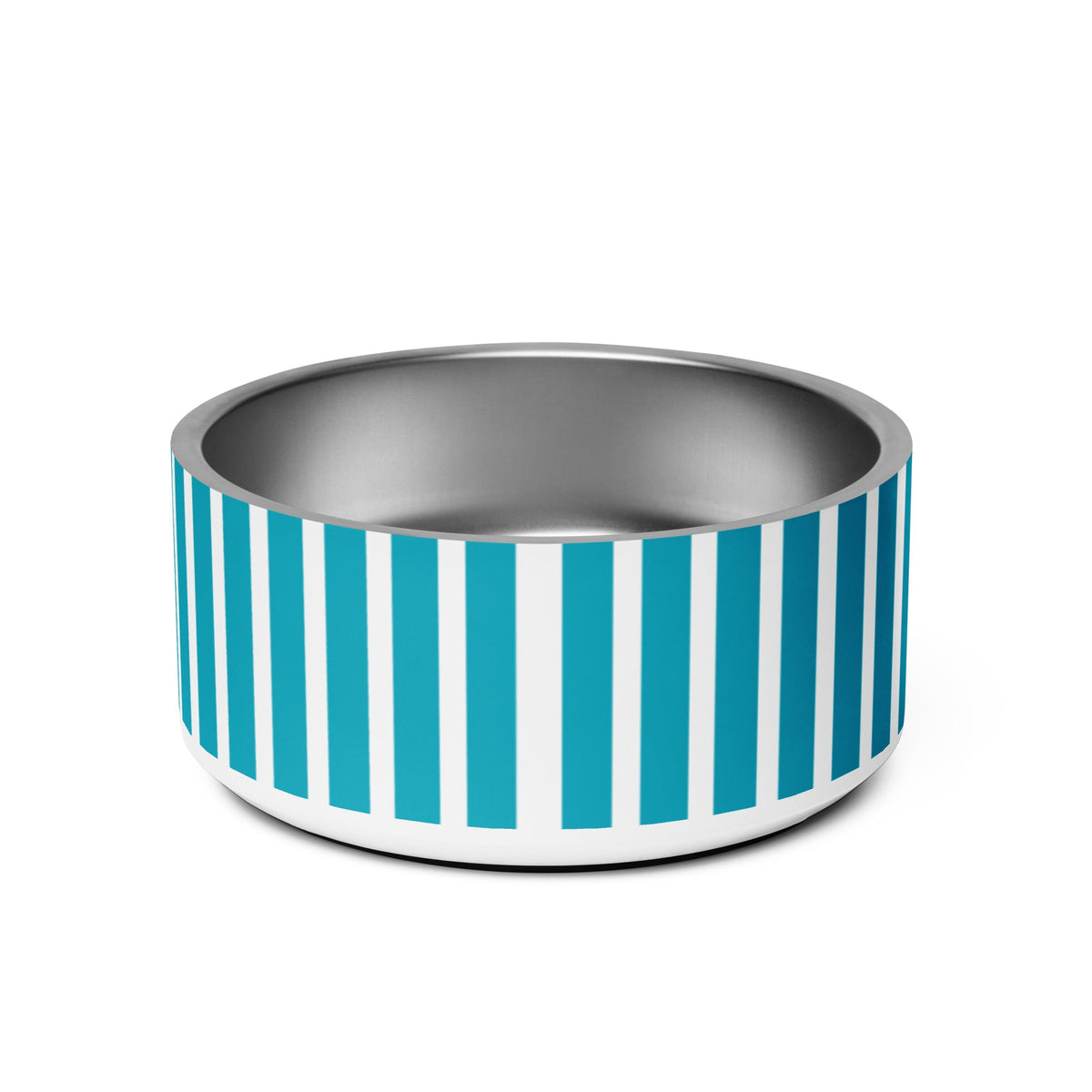 32oz blue and white striped steel dog bowl, back view