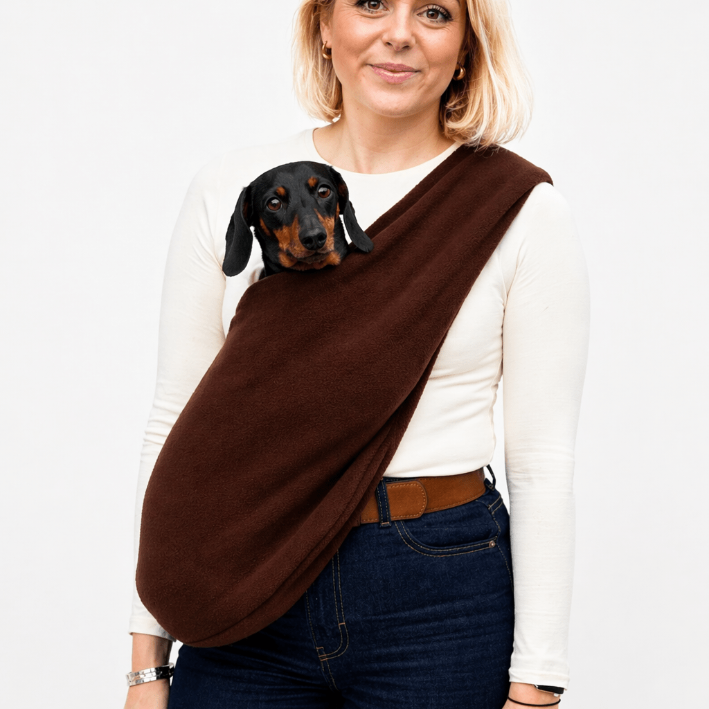 Woman carrying a black and tan dachshund in a chocolate brown Plain Fleece Dog Sling