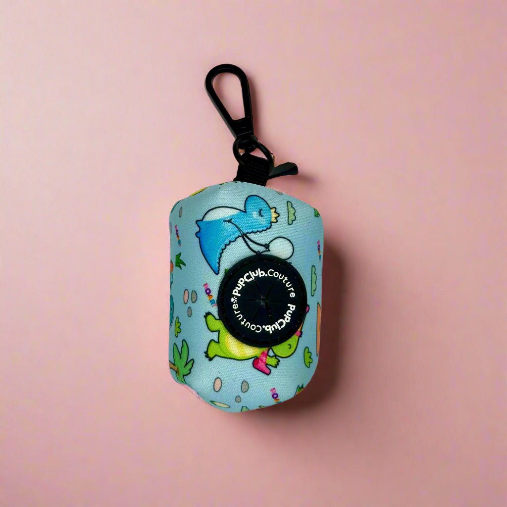 Jurassic Party Poo Bag Holder with dinosaur print on blue and black clip, front view
