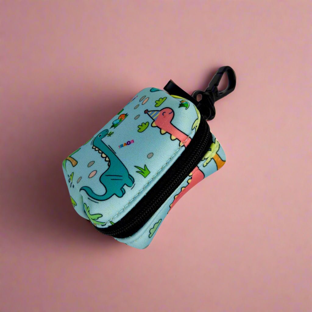 Jurassic Party Poo Bag Holder side view showing the zip pocket and dinosaur pattern