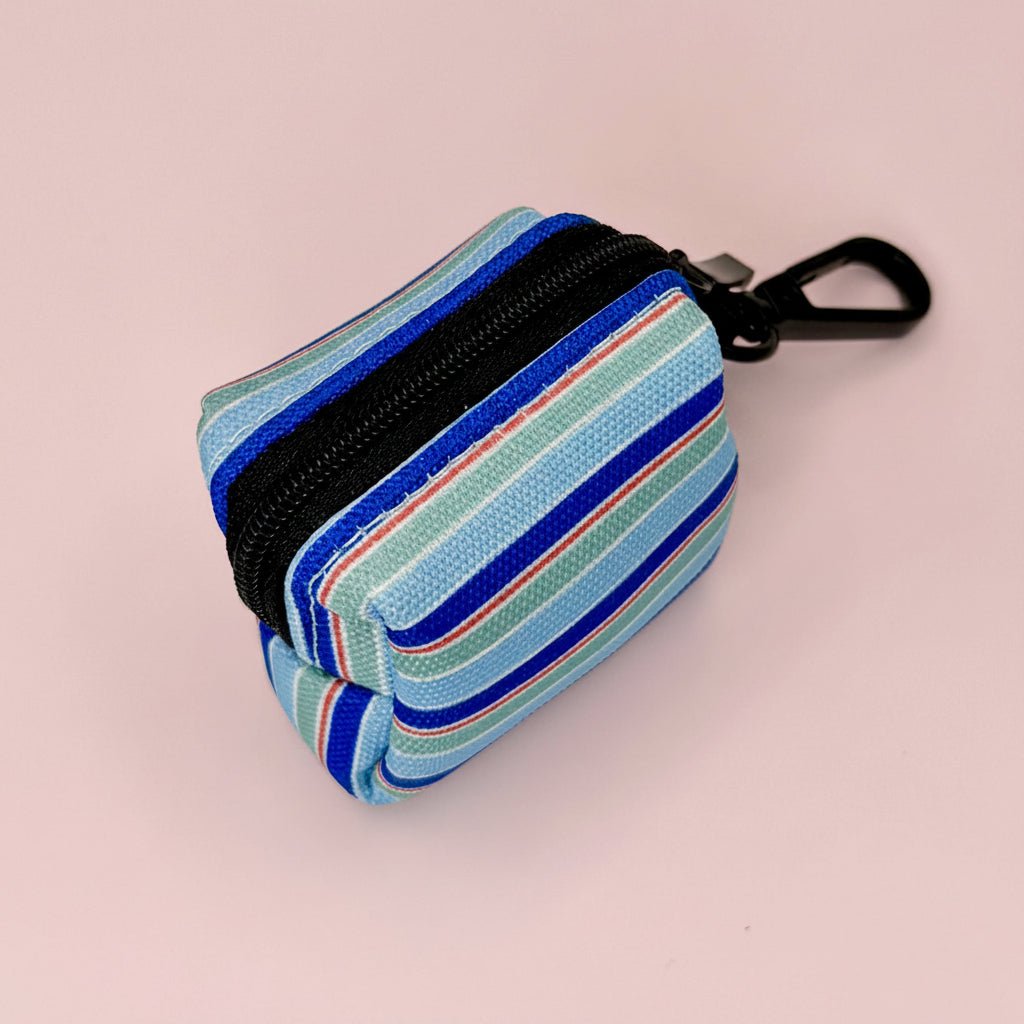 Sea Breeze Stripes Poo Bag Holder side view showing the zip pocket and blue stripes