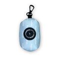 Pastel Blue Poo Bag Holder with round bag dispenser and black clip, front view