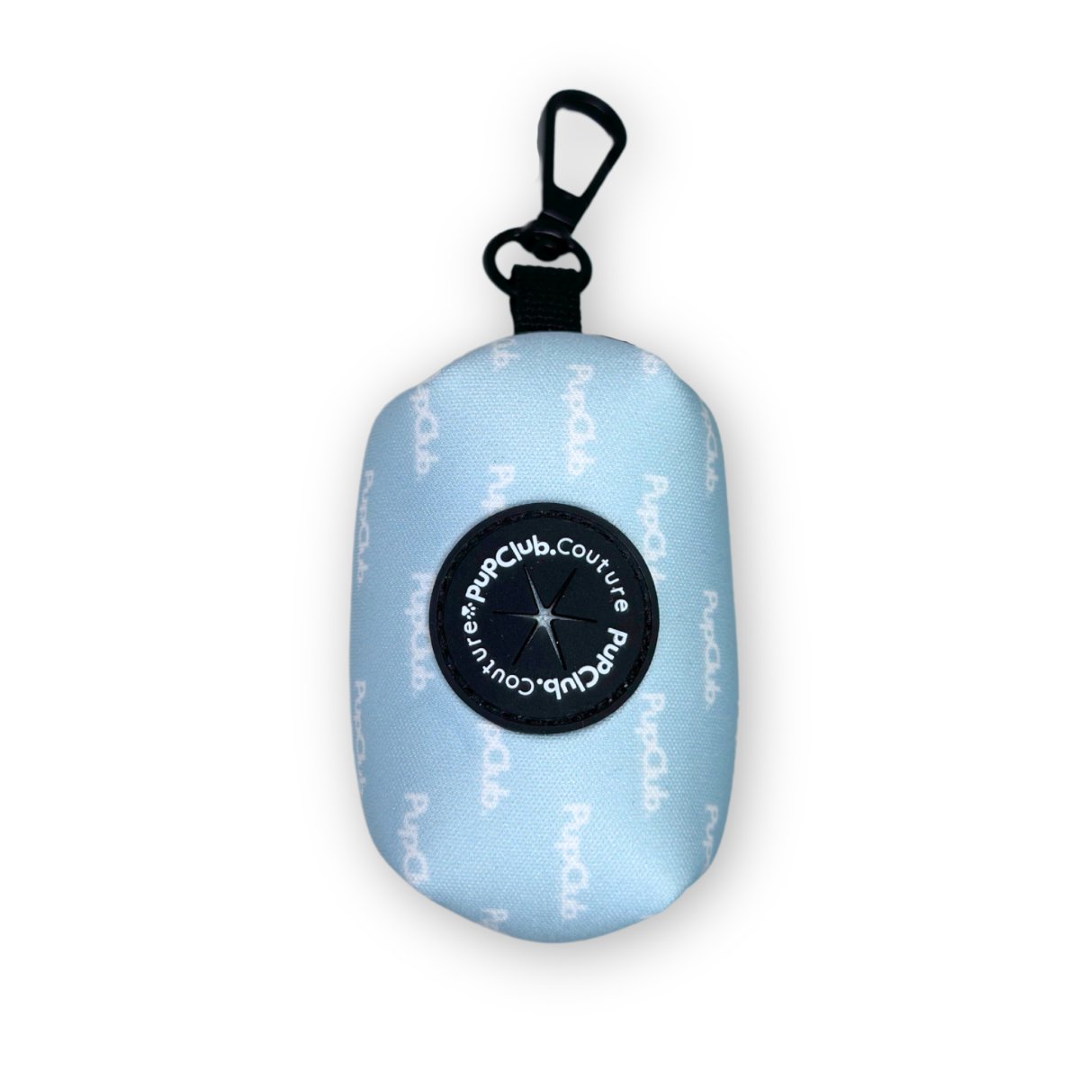 Pastel Blue Poo Bag Holder with round bag dispenser and black clip, front view