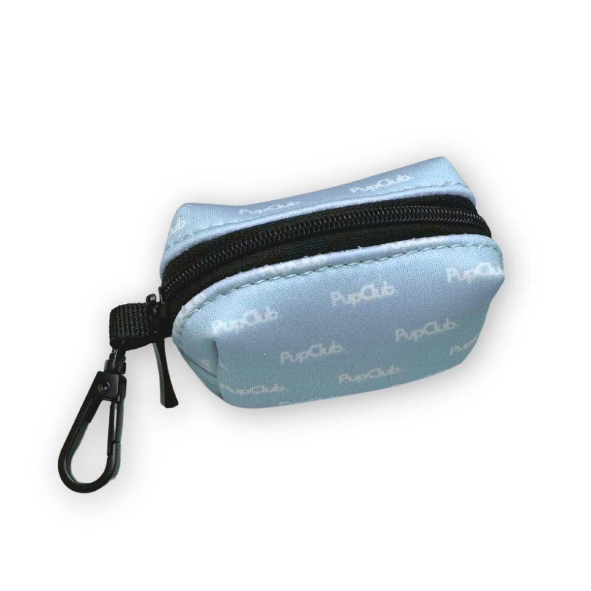 Pastel Blue Poo Bag Holder angled to show the black zip pocket and tonal logo print
