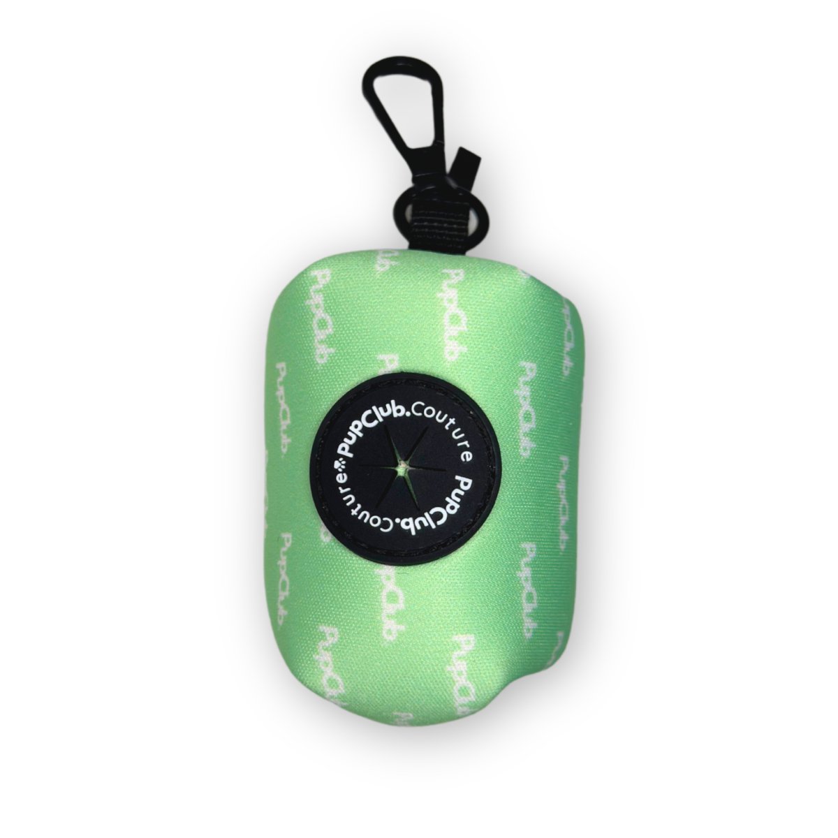 Pastel Mint Poo Bag Holder with round bag dispenser and black clip, front view