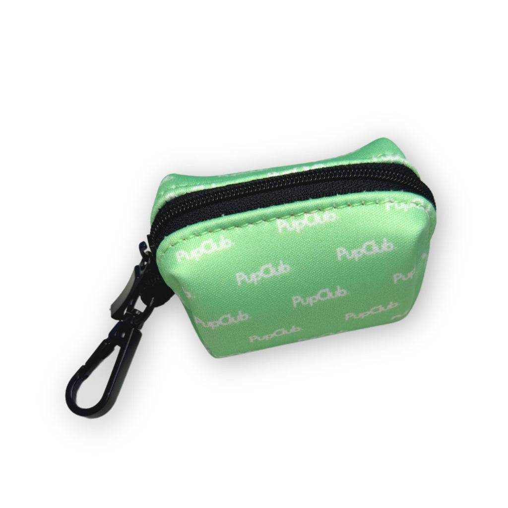 Pastel Mint Poo Bag Holder angled to show the black zip pocket and tonal logo print