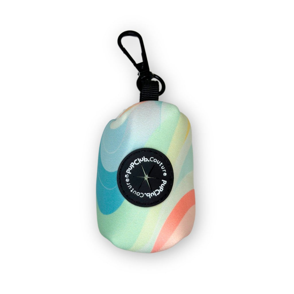 Pastel Waves Poo Bag Holder front view with round PupClub dispenser and black clip, mint and peach swirl print