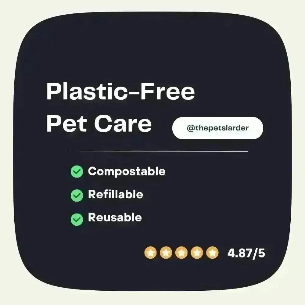 Plastic-free pet care graphic: compostable, refillable, reusable